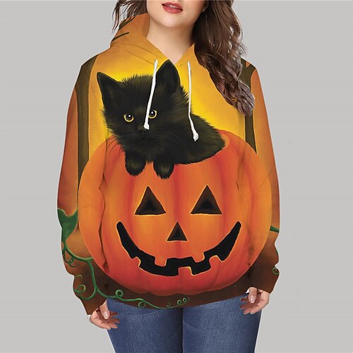 

Women's Plus Size Tops Hoodie Sweatshirt Animal Cat Print Long Sleeve Hooded Vintage Casual Festival Halloween Halloween Daily Polyester Fall Winter Yellow