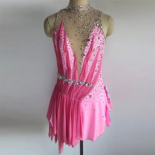 

Figure Skating Dress Women's Girls' Ice Skating Dress Rosy Pink Open Back Spandex High Elasticity Training Competition Skating Wear Handmade Crystal / Rhinestone Sleeveless Ice Skating Figure Skating