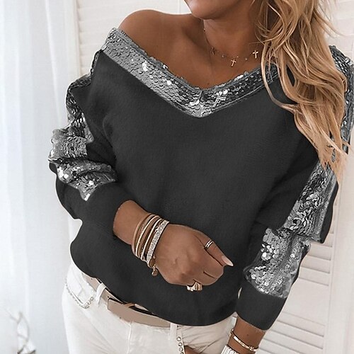 

Women's Pullover Sweater jumper Jumper Ribbed Knit Sequins Knitted Pure Color V Neck Stylish Casual Outdoor Daily Winter Fall Black S M L / Long Sleeve / Regular Fit / Going out