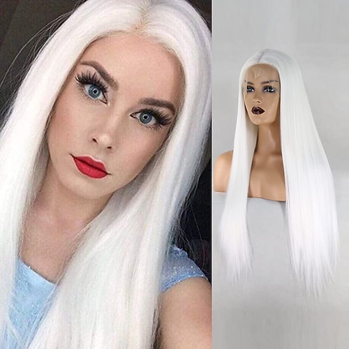 

Snow White Wig Synthetic Lace Front Wig for Women Natural Long Straight Middle Part Hand Tied Wig Cosplay Daily Wear