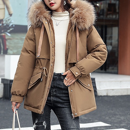 

Women's Winter Jacket Winter Coat Parka Windproof Warm Outdoor Street Daily Vacation Zipper Pocket Drawstring Fur Collar Zipper Hoodie Contemporary Casual Daily Modern Street Style Solid Color