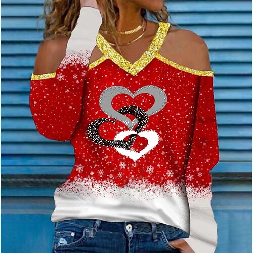 

Women's Blouse Shirt Green Blue Purple Heart Sparkly Cut Out Print Long Sleeve Daily Weekend Streetwear Casual V Neck Regular S / 3D Print