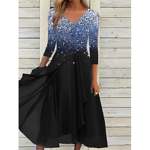

Women's Swing Dress Midi Dress Black Blue Purple 3/4 Length Sleeve Color Block Print Winter Fall Autumn V Neck Mature 2022 S M L XL XXL 3XL 4XL 5XL