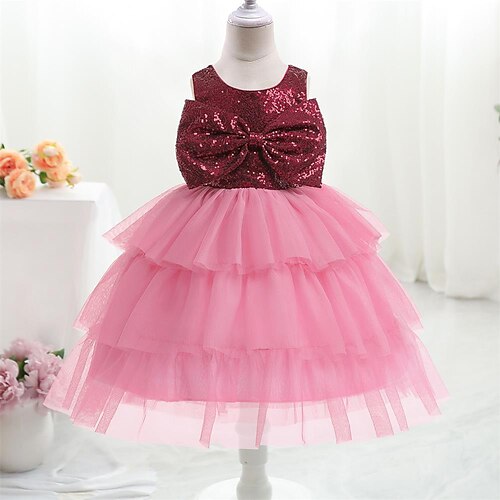 

Kids Girls' Dress Solid Colored Tulle Dress Knee-length Dress Party Sequins Sleeveless Cute Dress 3-10 Years Spring Gold Wine