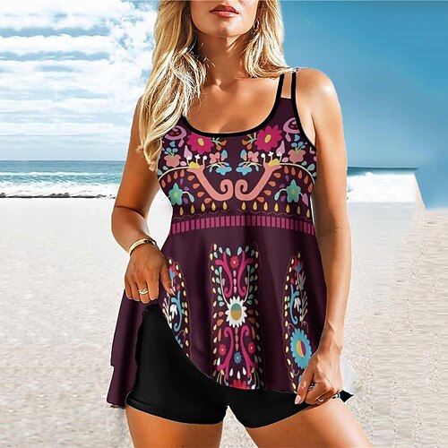 

Women's Swimwear Tankini 2 Piece Normal Swimsuit Printing Floral Purple Camisole Strap Bathing Suits Sports Vacation Fashion / Spandex / Sexy / Modern / New