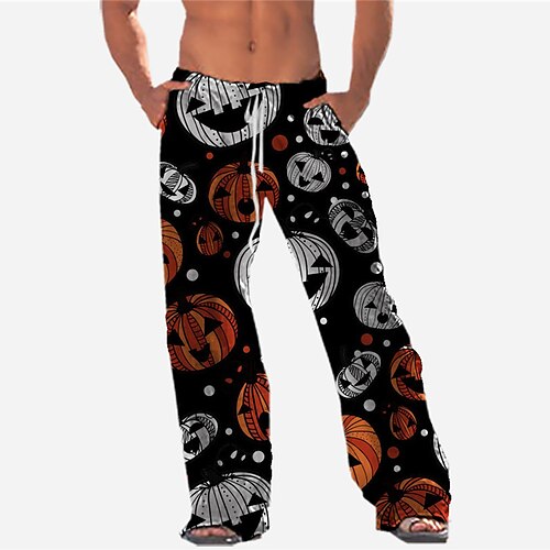 

Men's Trousers Beach Pants Pocket Drawstring Elastic Waist Pumpkin Graphic Prints Comfort Breathable Halloween Daily Streetwear Designer Black / Elasticity