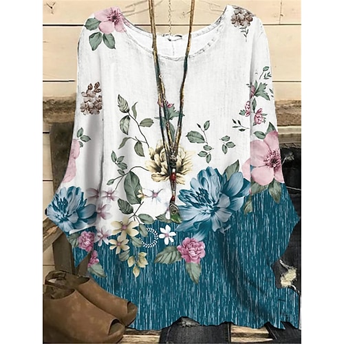 

Women's Plus Size Tops Blouse Shirt Floral Print Long Sleeve Round Neck Casual Daily Vacation Polyester Fall Winter Blue