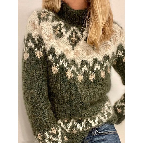 

Women's Pullover Sweater jumper Jumper Crochet Knit Cropped Patchwork Knitted Color Block Stand Collar Stylish Casual Daily Holiday Winter Fall Green S M L / Long Sleeve / Regular Fit / Print