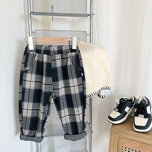 

Kids Boys Pants Check Active Daily 2-8 Years Winter Black and white grid