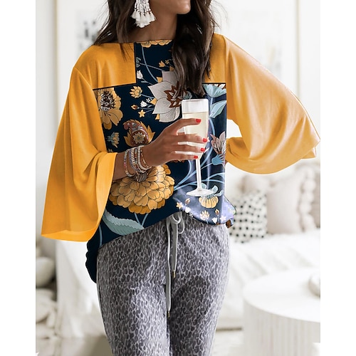 

Women's Blouse Shirt Yellow Floral Print Long Sleeve Daily Weekend Streetwear Casual Round Neck Regular Floral S / 3D Print