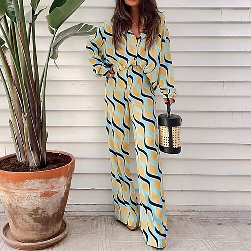 

Women's Loungewear Sets Nighty 2 Pieces Stripe Fashion Comfort Soft Home Daily Going out Polyester Breathable Lapel Long Sleeve Shirt Pant Button Fall Spring Yellow