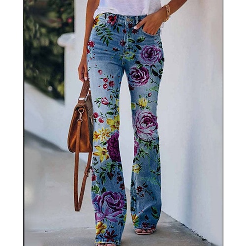 

Women's Jeans Flared Pants Bell Bottom Fashion Full Length Skull Flower / Floral Side Pockets Wide Leg Print Comfort Micro-elastic Halloween Weekend Navy-blue Forest Green Rainbow Sky Blue And White