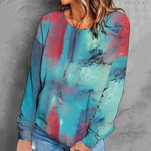 

Women's Sweatshirt Pullover Retro Blue Graphic Geometric Tie Dye Casual Round Neck Long Sleeve S M L XL 2XL 3XL / Winter