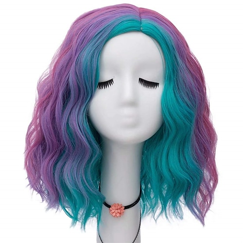 

NiceLisa Women Girls 16 Inches Blue Purple Rainbow Colorful Curly Wave Fashion Party Cosplay Wig