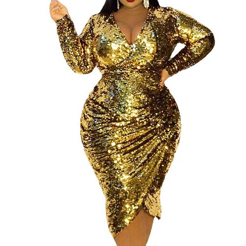 

Women's Plus Size Party Dress Solid Color V Neck Long Sleeve Fall Winter Stylish Elegant Midi Dress Party Date Dress / Sequin Dress