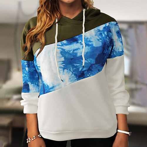 

Women's Plus Size Tops Hoodie Sweatshirt Color Block Camouflage Print Long Sleeve Hooded Streetwear Daily Going out Cotton Fall Winter Green Blue