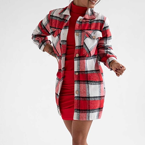 

Women's Casual Jacket Windproof Warm Outdoor Street Daily Vacation Button Pocket Print Single Breasted Turndown Fashion Modern Street Style Plaid Regular Fit Outerwear Long Sleeve Winter Fall Green