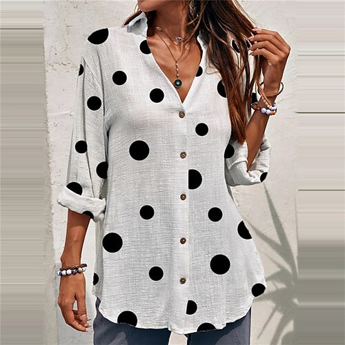

Women's Blouse Shirt White Polka Dot Button Print Long Sleeve Holiday Weekend Streetwear Shirt Collar Regular S / 3D Print
