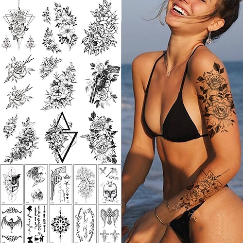 

24 fogli tatuaggi temporanei per donne e ragazze tatuaggio fiore tatuaggi temporanei a farfalla falso nero piccoli tatuaggi temporanei body art sticker