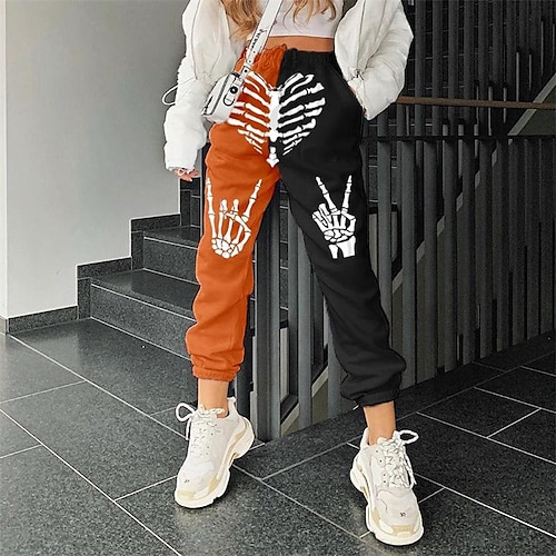 

Women's Sweatpants Joggers Side Pockets Elastic Waist Print Skull Pumpkin Comfort Full Length Halloween Weekend Casual / Sporty Athleisure Black Orange Skull Heart Black Orange Pumpkin Hands Mid Waist