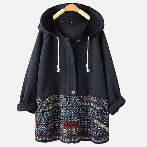 

Women's Teddy Coat Windproof Warm Outdoor Street Daily Vacation Zipper Print Zipper Hoodie Vintage Simple Street Style Stripes Regular Fit Outerwear Long Sleeve Winter Fall Dark Blue S M L XL XXL