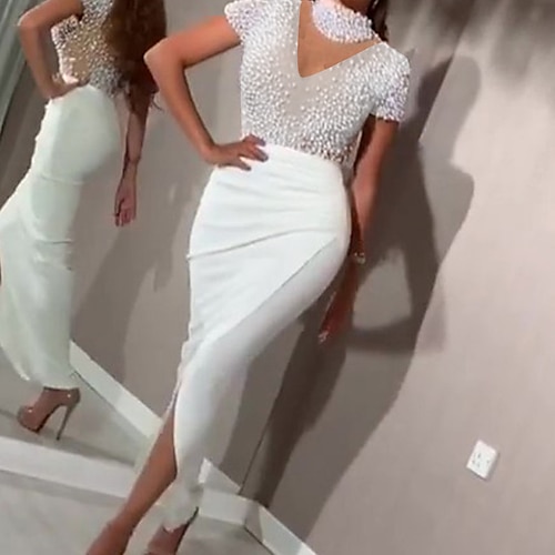 

Women's Semi Formal Party Dress Bodycon Long Dress Maxi Dress White Short Sleeve Color Block Sequins Spring Summer High Neck Weekend 2023 S M L XL XXL