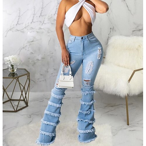 

Women's Bootcut Pants Trousers Trousers Bell Bottom Denim Light Blue High Waist Fashion Casual Office Daily Tassel Fringe Pleated Stretchy Full Length S M L XL XXL / Ripped