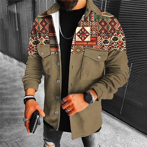

Men's Coat With Pockets Daily Wear Vacation Going out Single Breasted Turndown Streetwear Sport Casual Jacket Outerwear Geometry Front Pocket Print khaki / Long Sleeve