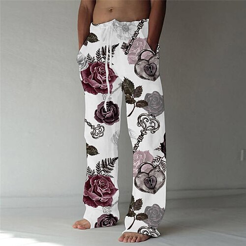 

Men's Trousers Beach Pants Pocket Drawstring Elastic Waist Graphic Prints Flower / Floral Comfort Breathable Casual Daily Holiday Streetwear Designer Slim White Brown / Elasticity