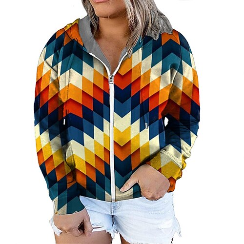 

Women's Plus Size Tops Hoodie Sweatshirt Geometry Zipper Print Long Sleeve Hooded Streetwear Daily Vacation Polyester Fall Winter Rainbow / 3D Print