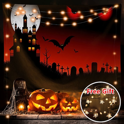 

Halloween Party Wall Tapestry Art Decor Blanket Curtain Hanging Home Bedroom Living Room Decoration Polyester Ghost Pumpkin Graveyard Bat Witch(with LED String Lights)