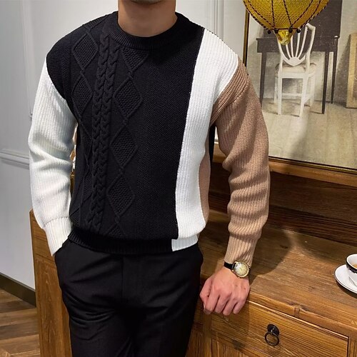 

Men's Sweater Pullover Sweater Jumper Ribbed Knit Cropped Knitted Color Block Crew Neck Basic Stylish Outdoor Daily Clothing Apparel Winter Fall Black S M L