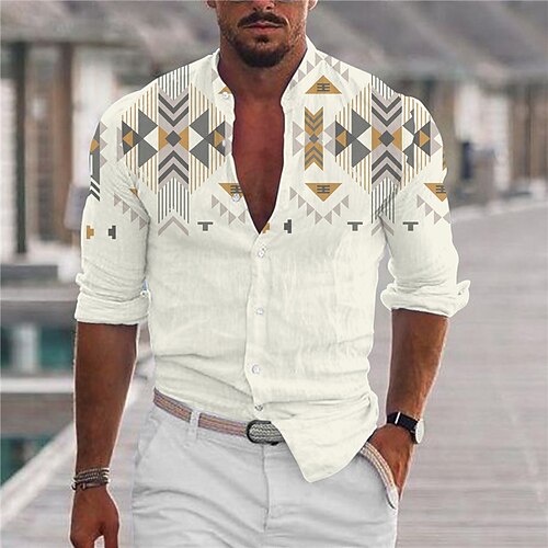 

Men's Shirt Geometry Stand Collar White Long Sleeve 3D Print Outdoor Casual Button-Down Print Tops Fashion Designer Casual Comfortable / Sports