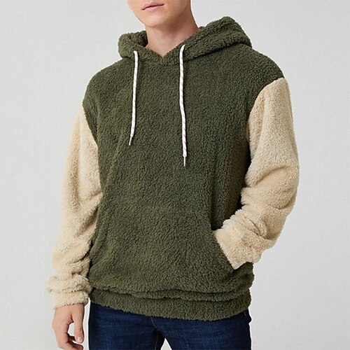 

Men's Fuzzy Sherpa Pullover Hoodie Sweatshirt Green Hooded Color Block Sports & Outdoor Streetwear Casual Big and Tall Winter Fall Clothing Apparel Hoodies Sweatshirts Long Sleeve / Spring