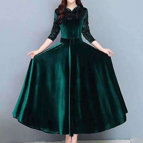 

robe de soirée pour femme robe d'invité de mariage robe de velours robe swing robe longue maxi robe noir bleu vin à manches longues couleur pure automne printemps col montant élégant robe d'hiver