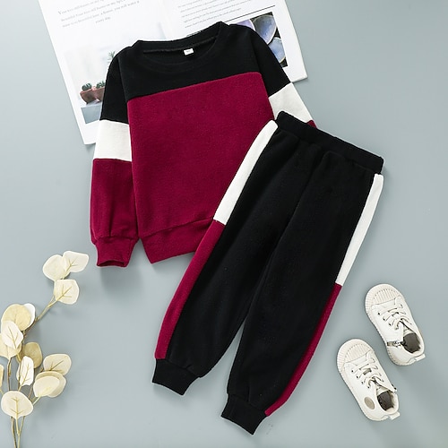 

Kids Boys Hoodie Pants Clothing Set 2 Pieces Long Sleeve Red Brown Solid Color Patchwork Crewneck Vacation Daily Comfort Regular 2-6 Years