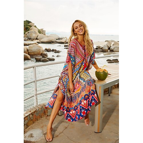 

Women's Casual Dress Swing Dress Long Dress Maxi Dress Red print Half Sleeve Print Fall Spring Autumn V Neck Loose Fit 2022 One-Size