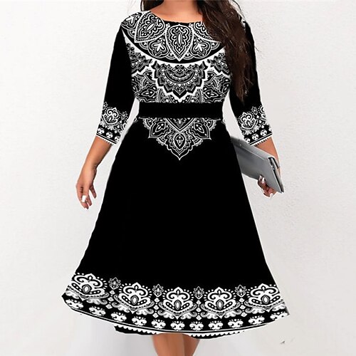 

Women's Plus Size Work Dress Floral Crew Neck 3/4 Length Sleeve Fall Winter Work Elegant Midi Dress Formal Going out Dress