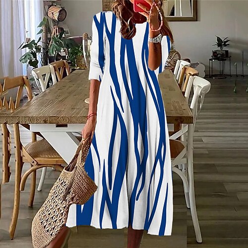 

Women's Casual Dress Shift Dress Midi Dress Blue Rainbow 3/4 Length Sleeve Floral Ruched Winter Fall 2022 S M L XL XXL 3XL