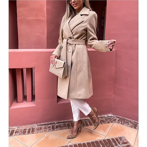 

Women's Winter Coat Warm Daily Wear Patchwork Double Breasted Lapel Plain Regular Fit Outerwear Long Sleeve Winter Black Khaki Brown S M L XL XXL