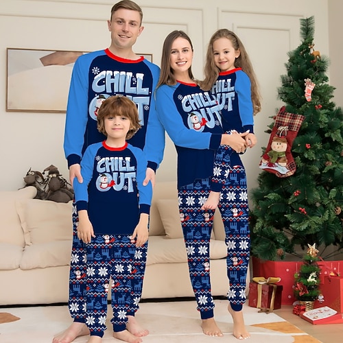 

Christmas Pajamas Family Set Ugly Christmas pattern Letter Home Blue Long Sleeve Mom Dad and Me Daily Matching Outfits