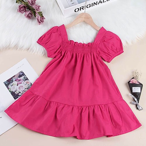 

Kids Girls' Dress Solid Colored Above Knee Dress Daily Ruched Cotton Short Sleeve Vacation Dress 2-8 Years Summer Rose Red