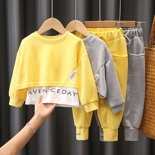 

Kids Girls' Hoodie & Pants Clothing Set 2 Pieces Long Sleeve Gray Yellow Solid Color Letter Vacation Cute Sweet 3-10 Years