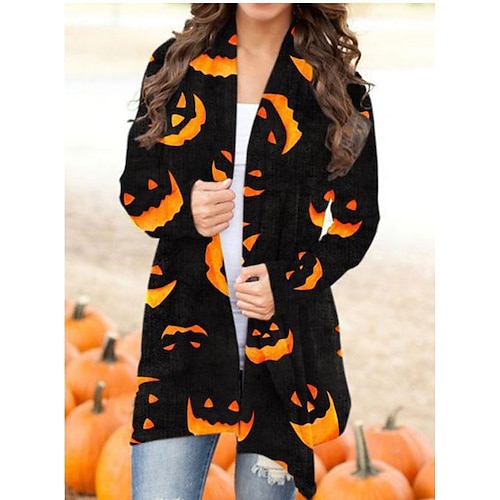 

Women's Blouse Shirt Shrugs Purple Yellow Dark Gray Cat Pumpkin Print Long Sleeve Halloween Weekend Streetwear Casual V Neck Long Cotton S / 3D Print