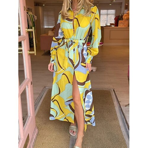 

Women's Casual Dress Shirt Dress Maxi long Dress Yellow Long Sleeve Print Lace up Print Fall Winter Shirt Collar Vacation Fashion Modern 2022 S M L XL