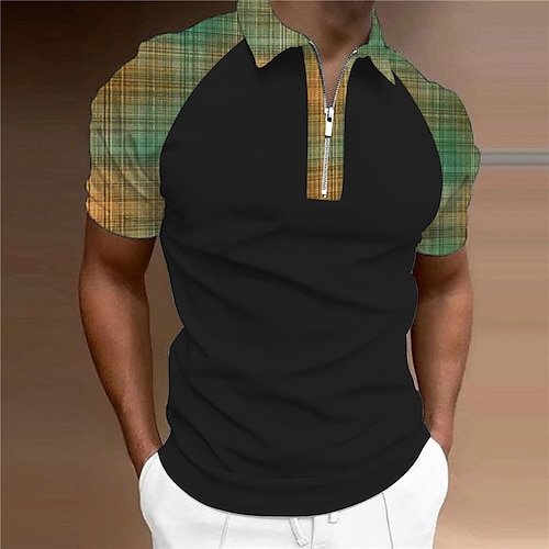 

Men's Collar Polo Shirt Golf Shirt Plaid Turndown Green 3D Print Outdoor Street Short Sleeves Zipper Print Clothing Apparel Fashion Designer Casual Breathable / Summer / Spring / Summer