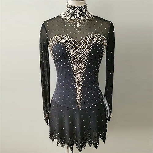 

Figure Skating Dress Women's Girls' Ice Skating Dress Black Thumbhole Open Back Spandex High Elasticity Training Competition Skating Wear Handmade Crystal / Rhinestone Long Sleeve Ice Skating Figure