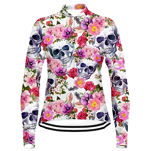 

21Grams Women's Cycling Jersey Long Sleeve Bike Top with 3 Rear Pockets Mountain Bike MTB Road Bike Cycling Breathable Quick Dry Moisture Wicking Reflective Strips Rosy Pink Skull Floral Botanical