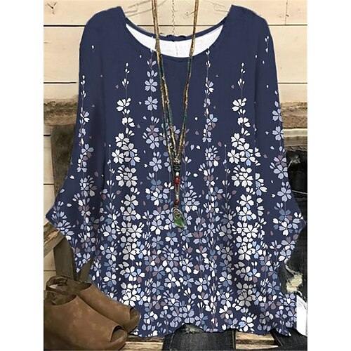 

Women's Plus Size Tops Blouse Shirt Floral Print Long Sleeve Round Neck Casual Daily Vacation Polyester Fall Winter Blue Navy Blue