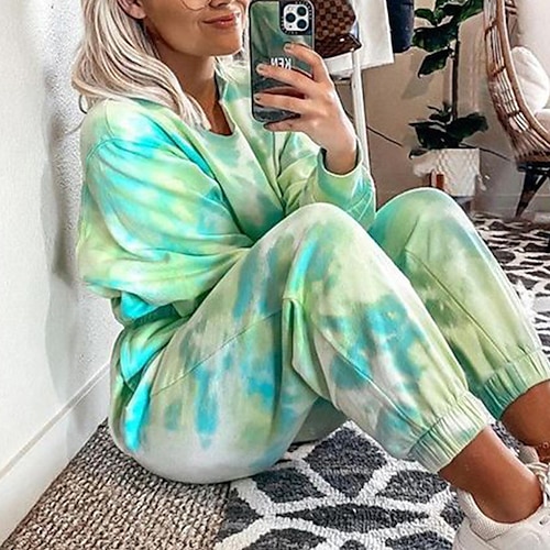 

Women's Loungewear Sets Nighty 2 Pieces Tie Dye Fashion Sport Comfort Home Street Airport Polyester Breathable Crew Neck Long Sleeve Hoodie Pant Winter Fall Green